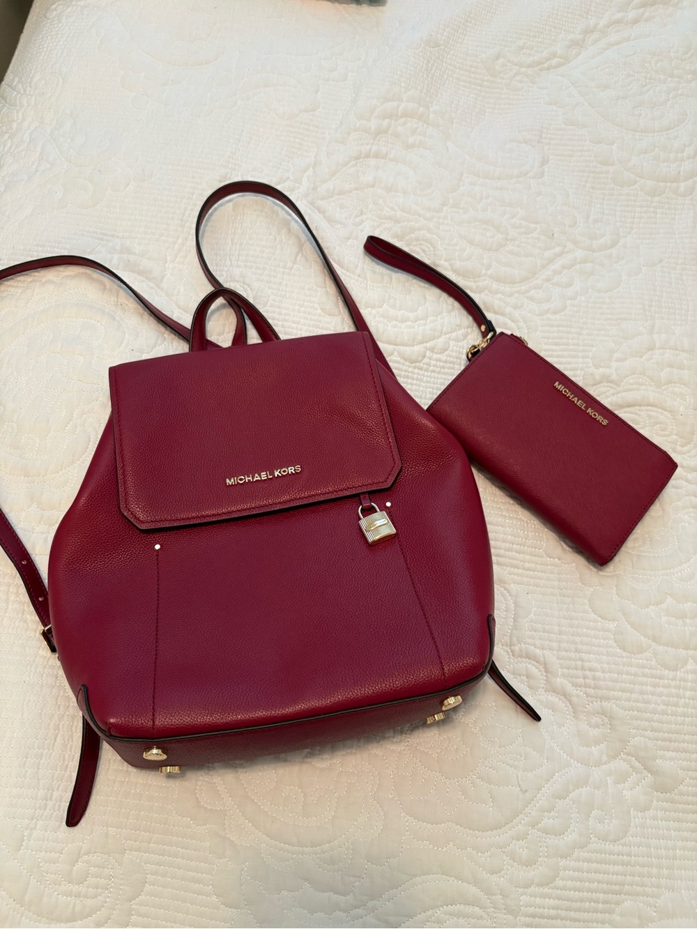 Michael Kors Wine Red Leather Backpack with Wallet